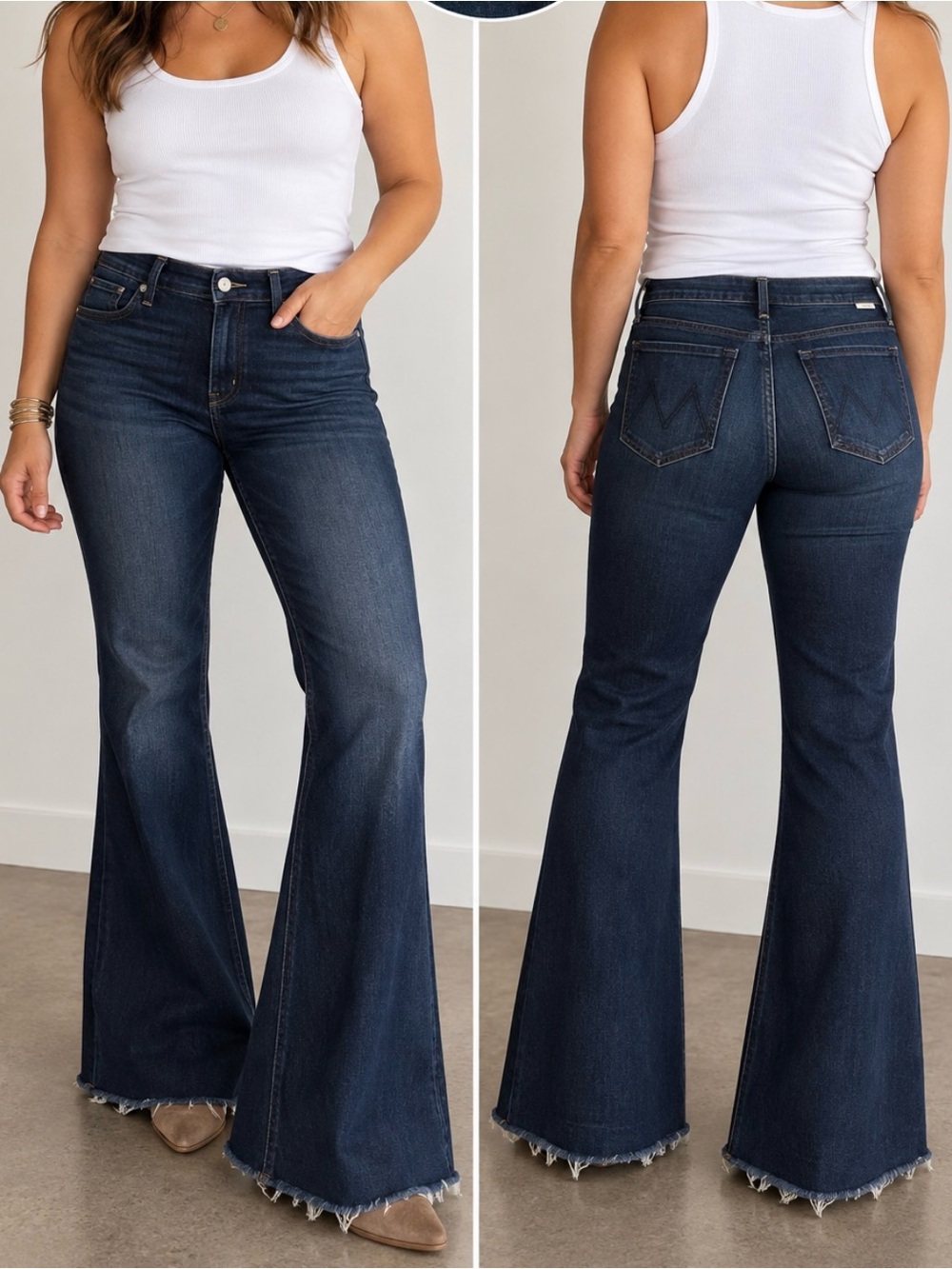 MOTHER denim the weekender fray Dark Blue High-Rise wide Flare Jeans 34